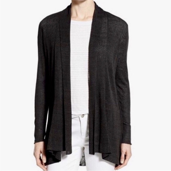 Eileen Fisher Black Wool Crepe Cardigan Sweater Lightweight...
